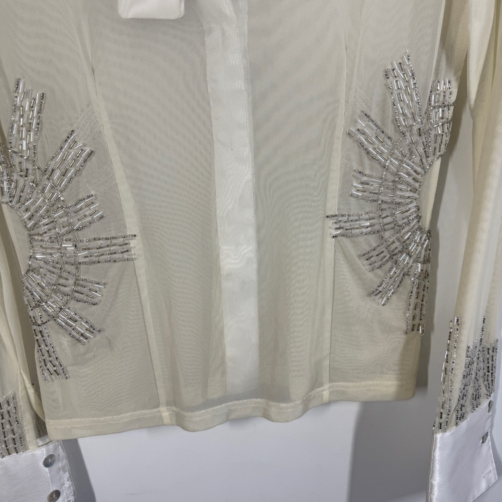 Vintage Taglia Sheer Beaded Satin Blouse Ivory Size M Long Sleeve Dressy Top - Picture 12 of 14
